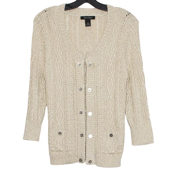 WHBM Cardigan 3/4 Sleeve Cable Knit Old Money Preppy Academia Metallic Medium - Picture 1 of 8
